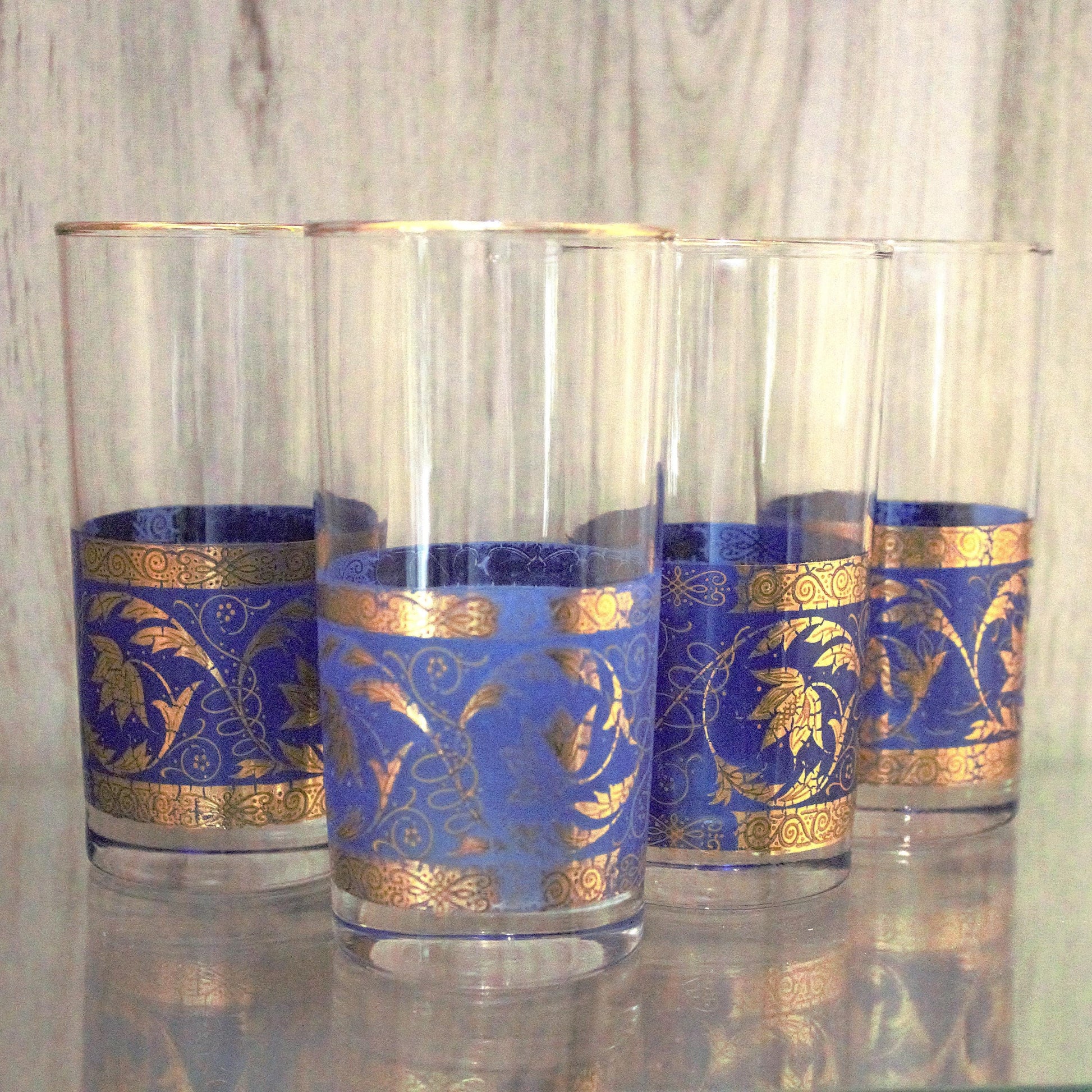 Vintage juice glass set of 4, gold and blue cocktail glasses, blue tumblers, embellished glassware