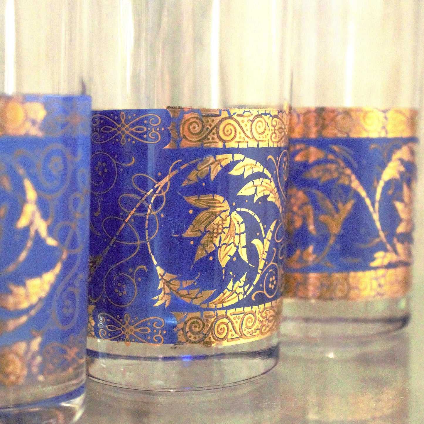 Vintage juice glass set of 4, gold and blue cocktail glasses, blue tumblers, embellished glassware