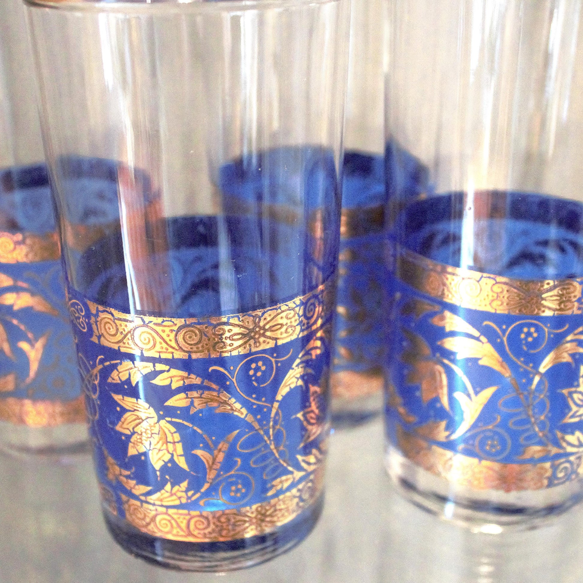 Vintage juice glass set of 4, gold and blue cocktail glasses, blue tumblers, embellished glassware