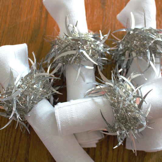 Vintage Silver Beaded Napkin Rings: Glittery Table Decor, Set of 4