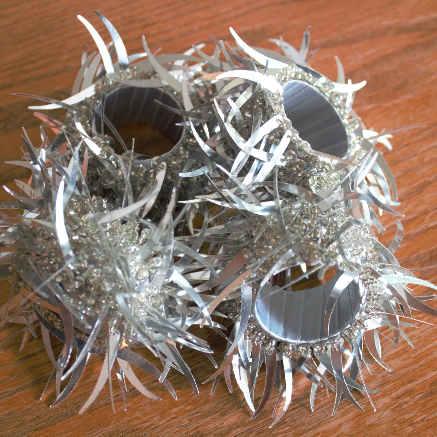 Vintage Silver Beaded Napkin Rings: Glittery Table Decor, Set of 4