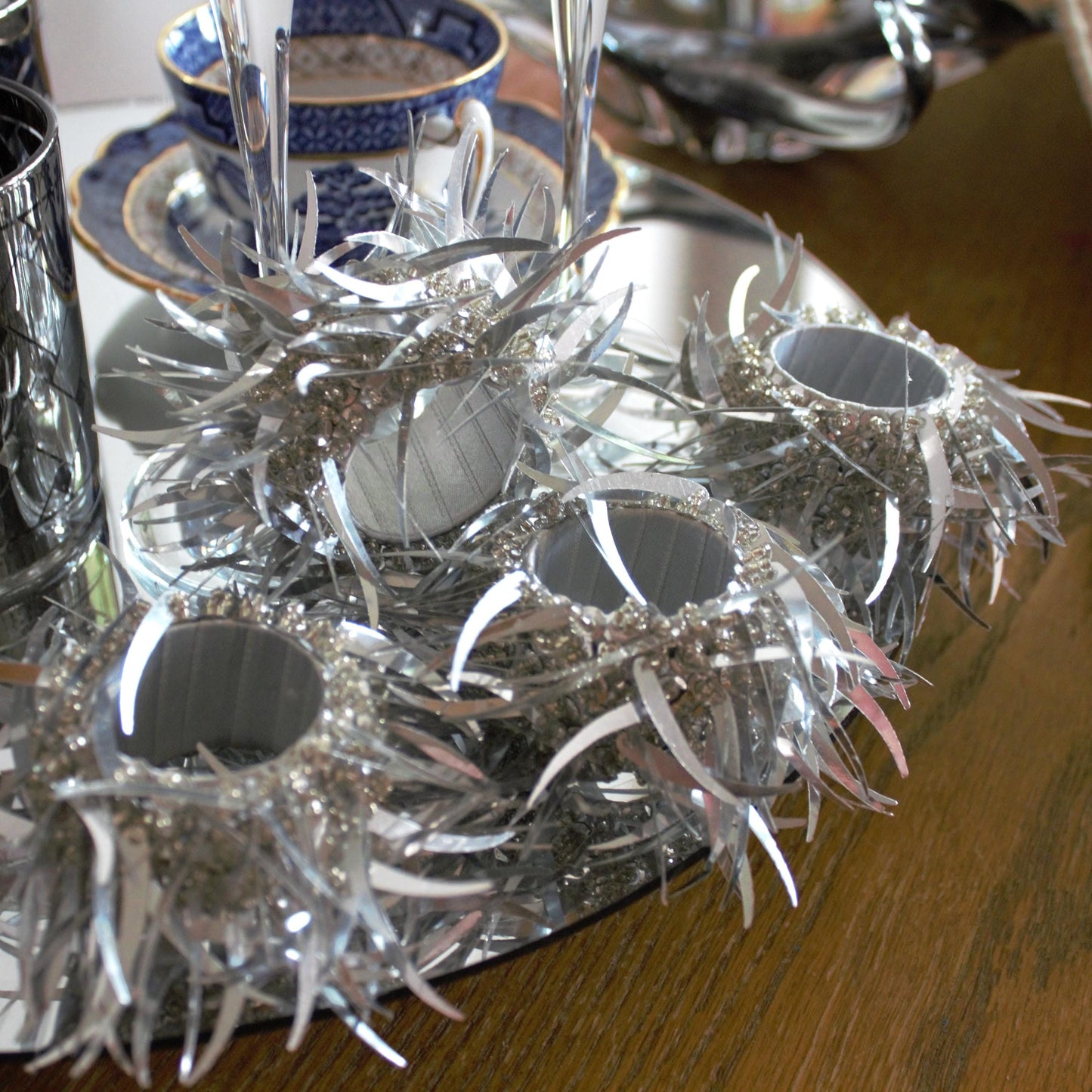 Vintage Silver Beaded Napkin Rings: Glittery Table Decor, Set of 4