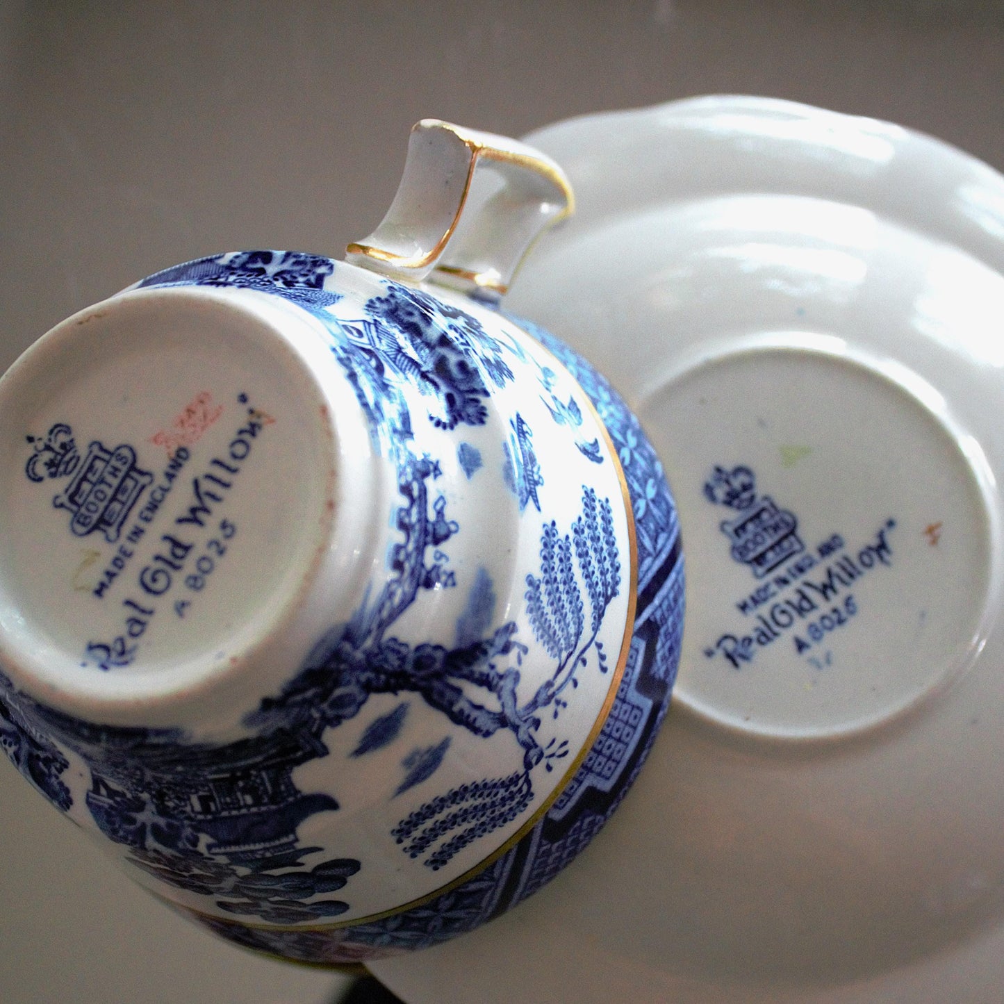 Vintage Real Old Willow Teacup Set: 2pc English Transferware, Turtle Dove Design, blue and gold English cup