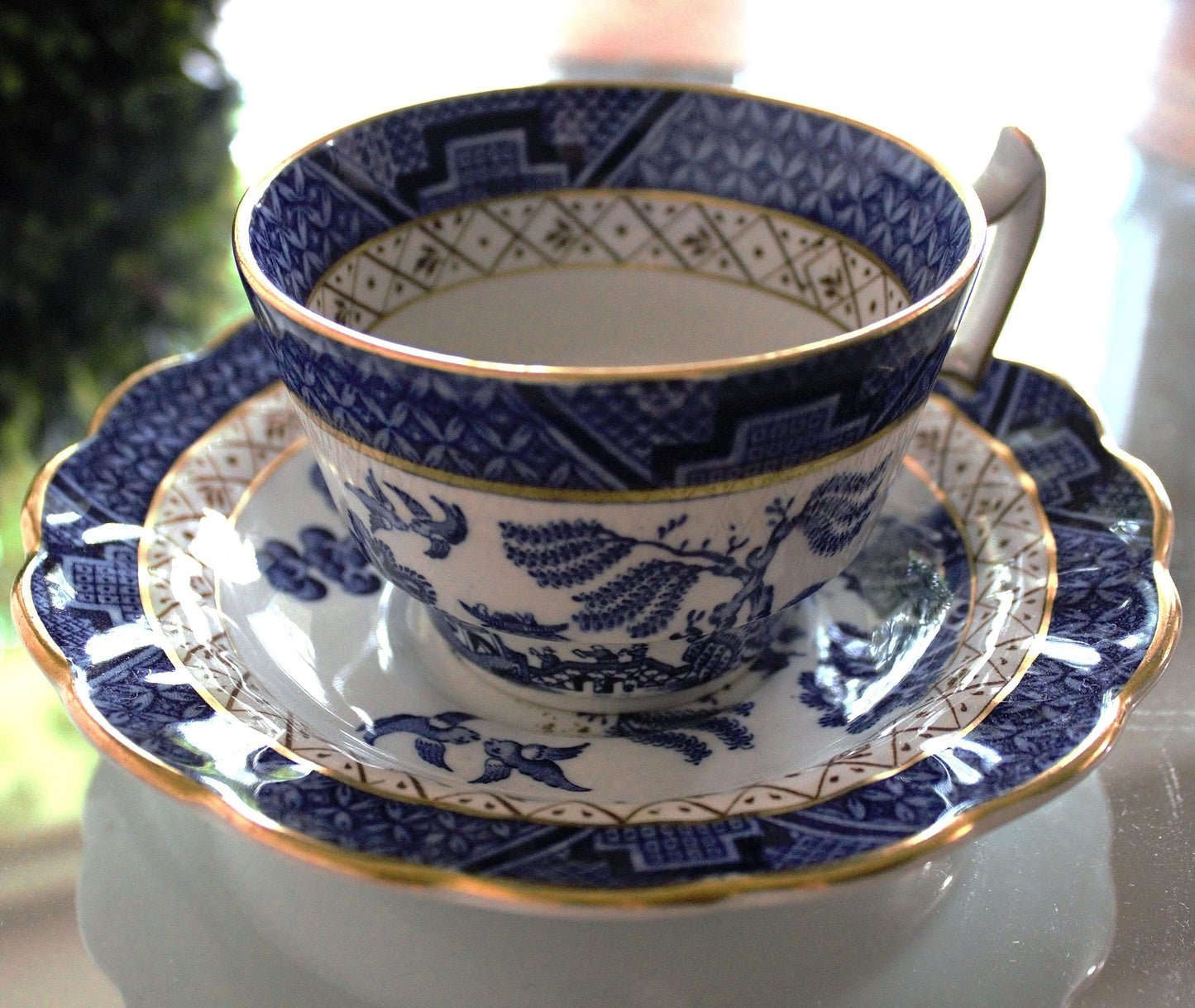 Vintage Real Old Willow Teacup Set: 2pc English Transferware, Turtle Dove Design, blue and gold English cup