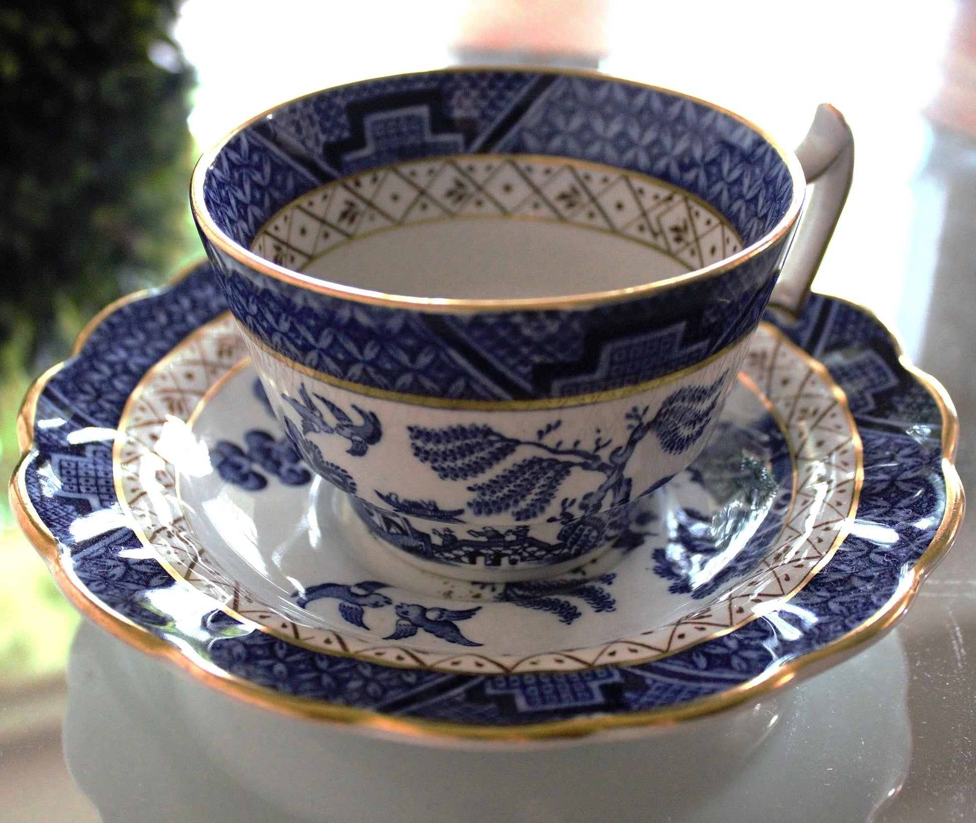 Vintage Real Old Willow Teacup Set: 2pc English Transferware, Turtle Dove Design, blue and gold English cup