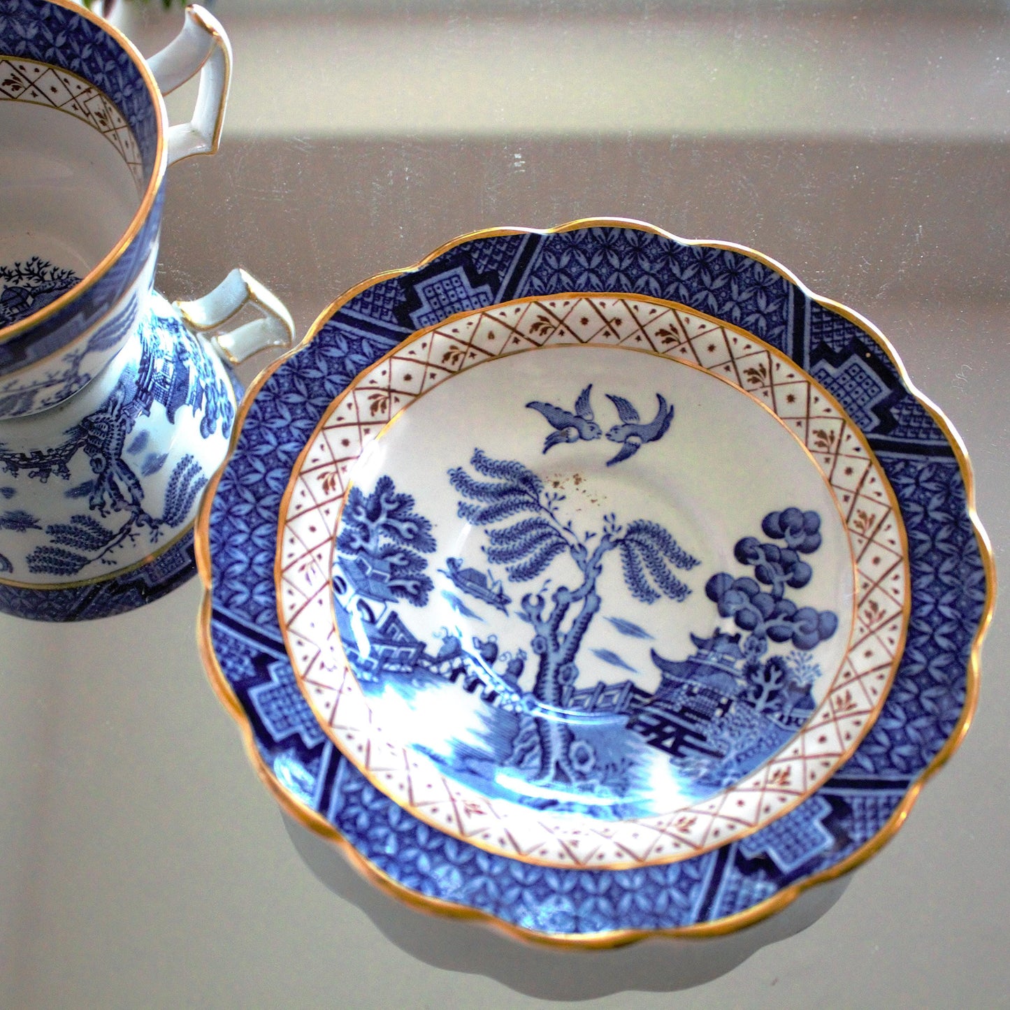Vintage Real Old Willow Teacup Set: 2pc English Transferware, Turtle Dove Design, blue and gold English cup