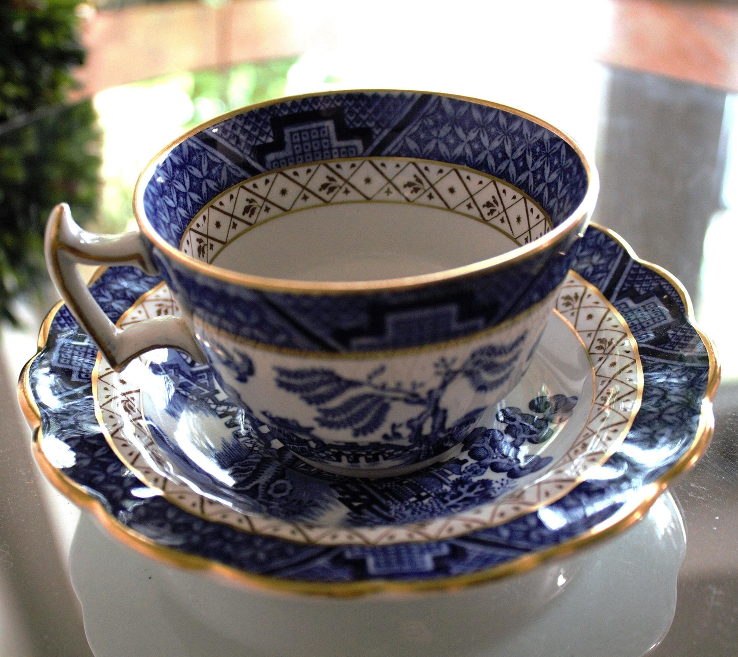 Vintage Real Old Willow Teacup Set: 2pc English Transferware, Turtle Dove Design, blue and gold English cup