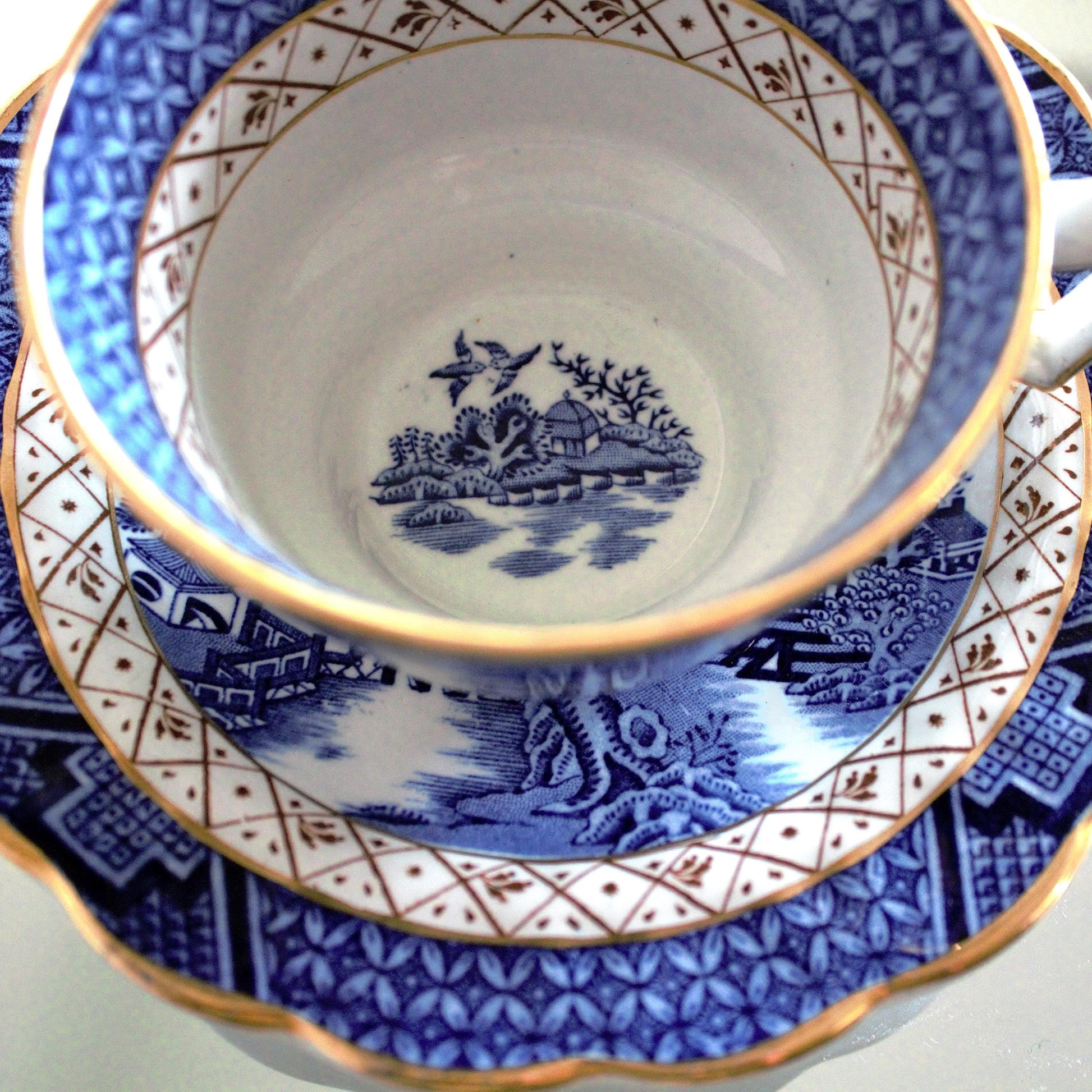 Vintage Real Old Willow Teacup Set: 2pc English Transferware, Turtle Dove Design, blue and gold English cup
