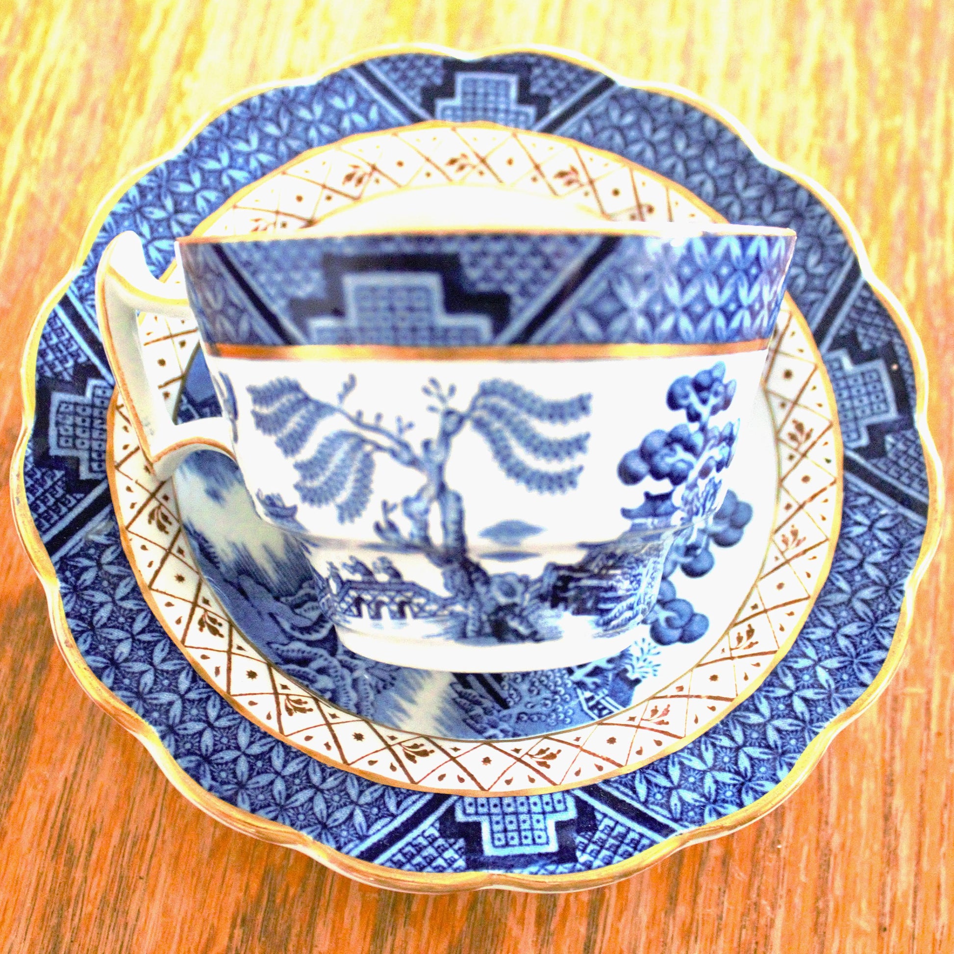 Vintage Real Old Willow Teacup Set: 2pc English Transferware, Turtle Dove Design, blue and gold English cup