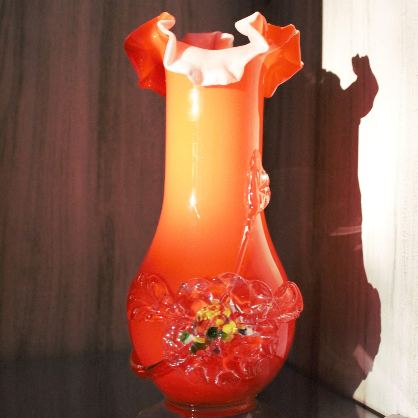 Vintage Murano Orange Cased Glass Vase, Applied Flower Decoration