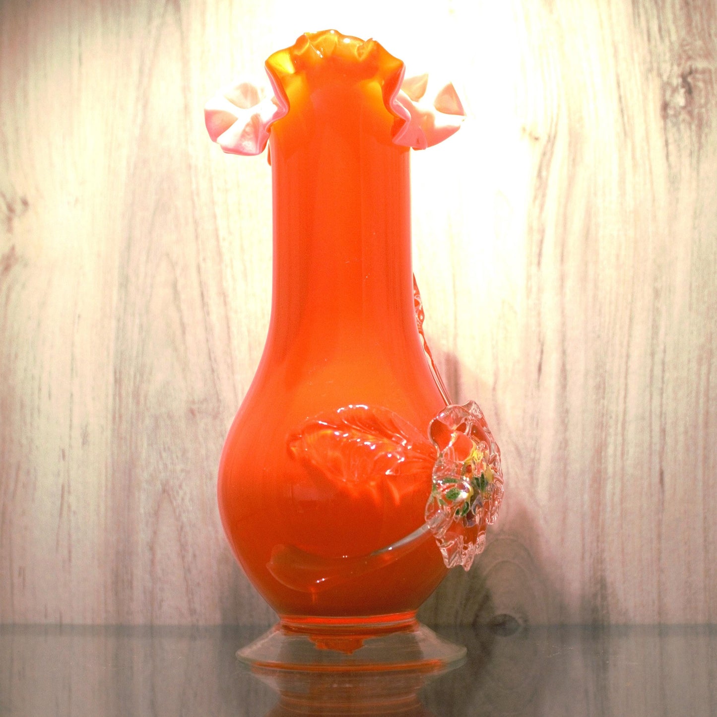 Vintage Murano Orange Cased Glass Vase, Applied Flower Decoration