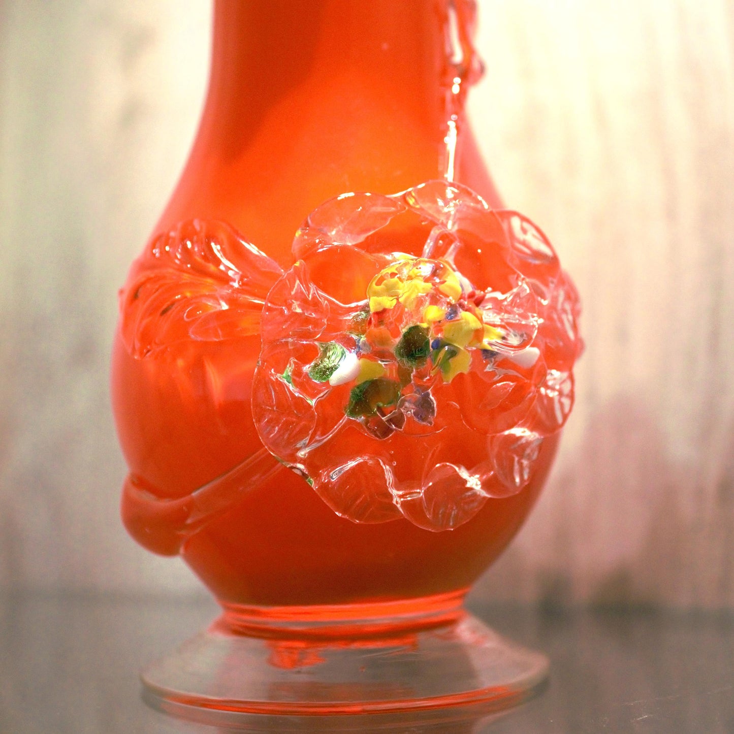 Vintage Murano Orange Cased Glass Vase, Applied Flower Decoration