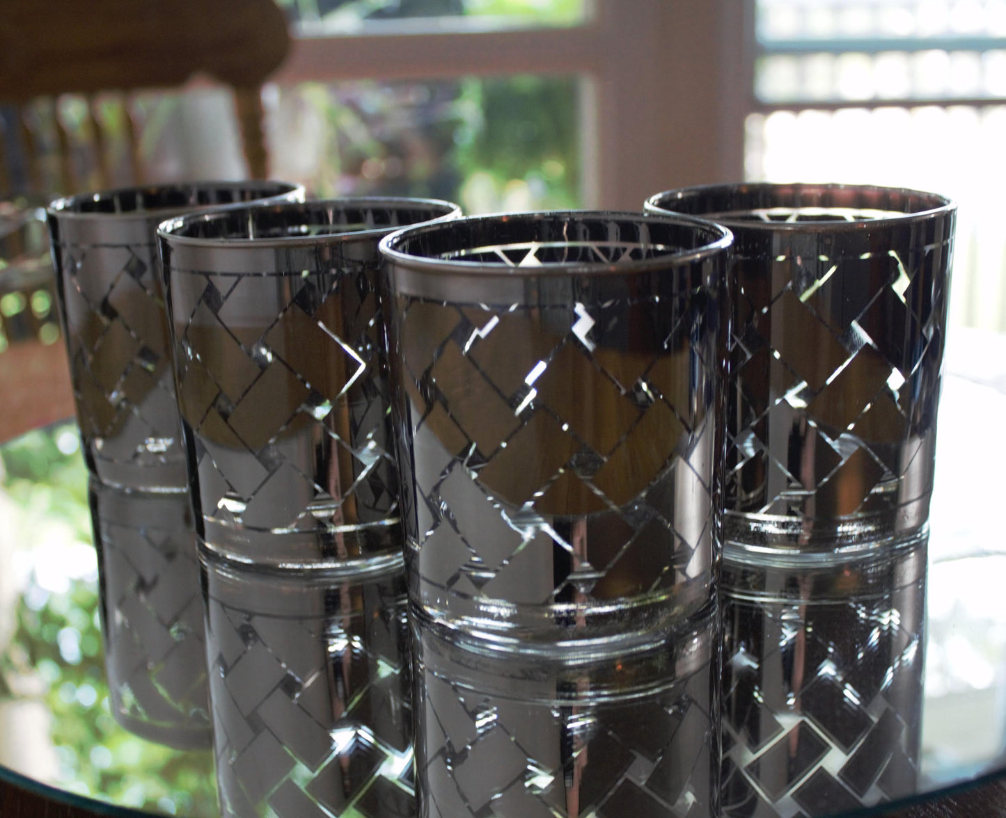 Vintage Silver and clear rock Glasses - Mid-Century Modern Barware, Set of 4, MCM bar cabinet