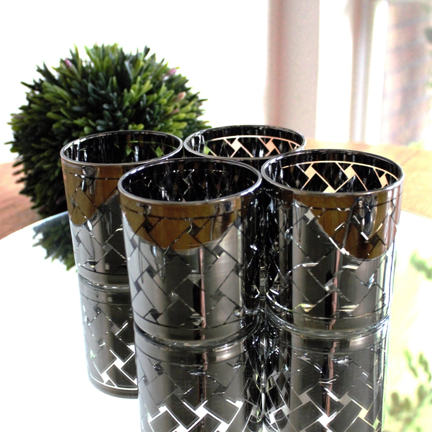 Vintage Silver and clear rock Glasses - Mid-Century Modern Barware, Set of 4, MCM bar cabinet