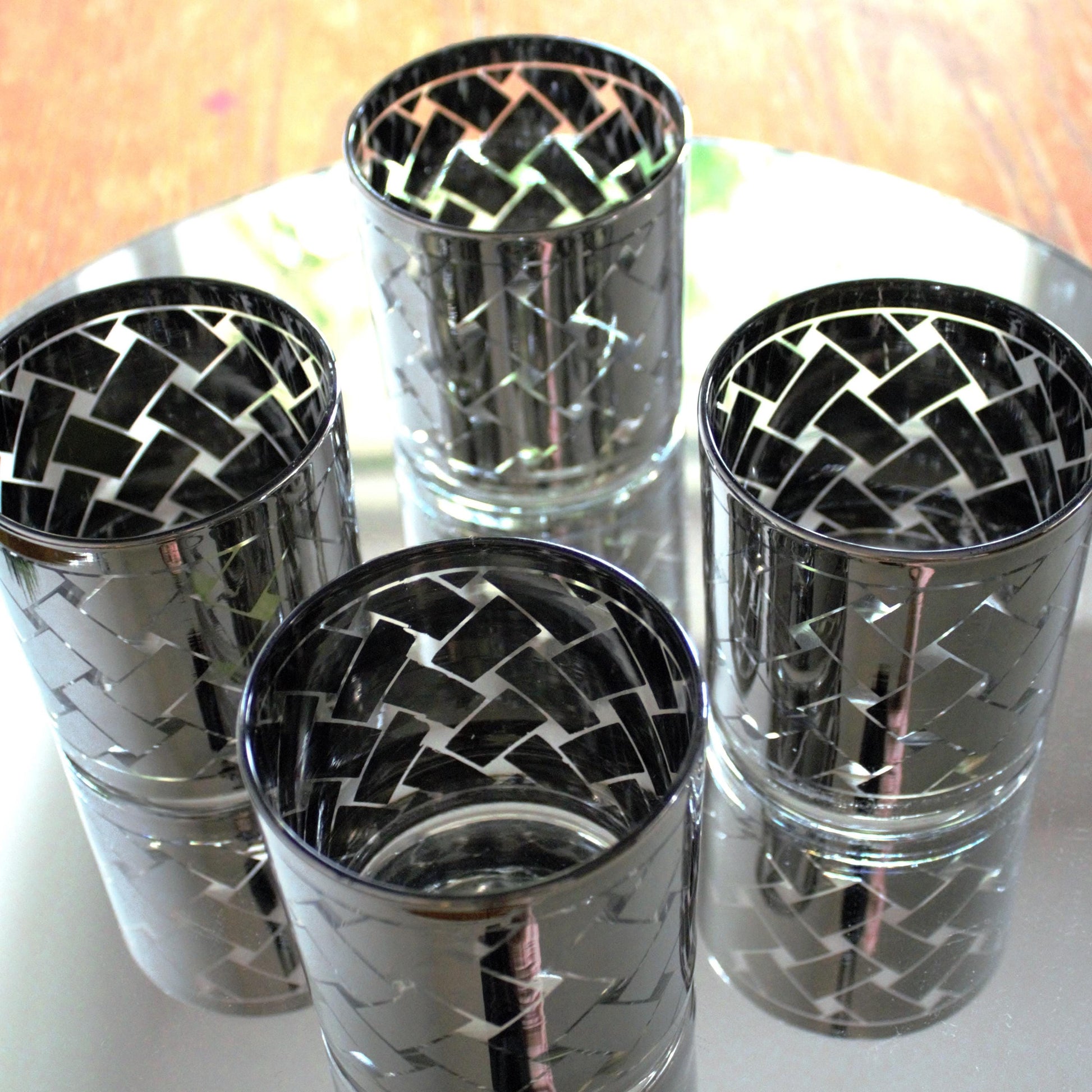 Vintage Silver and clear rock Glasses - Mid-Century Modern Barware, Set of 4, MCM bar cabinet