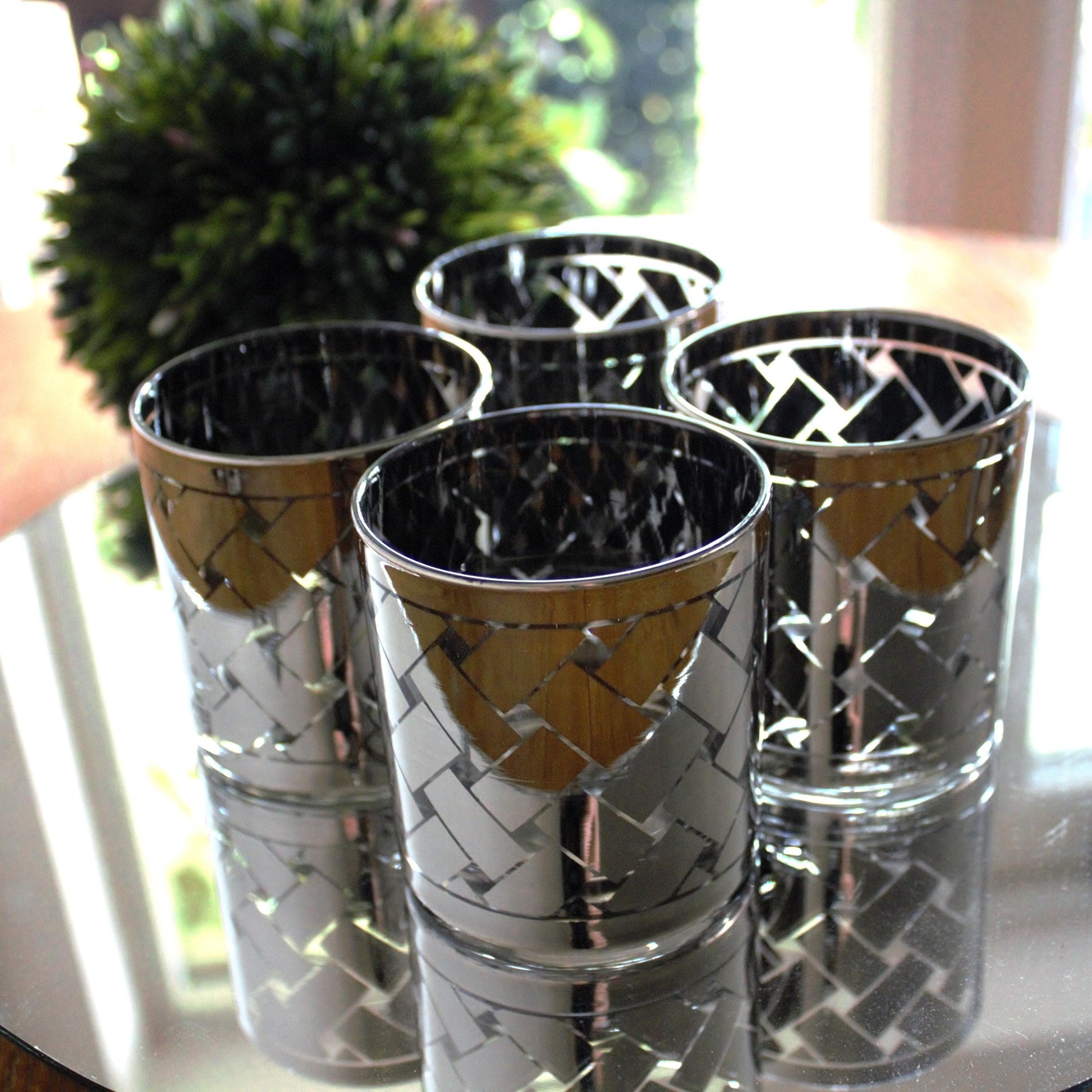 Vintage Silver and clear rock Glasses - Mid-Century Modern Barware, Set of 4, MCM bar cabinet