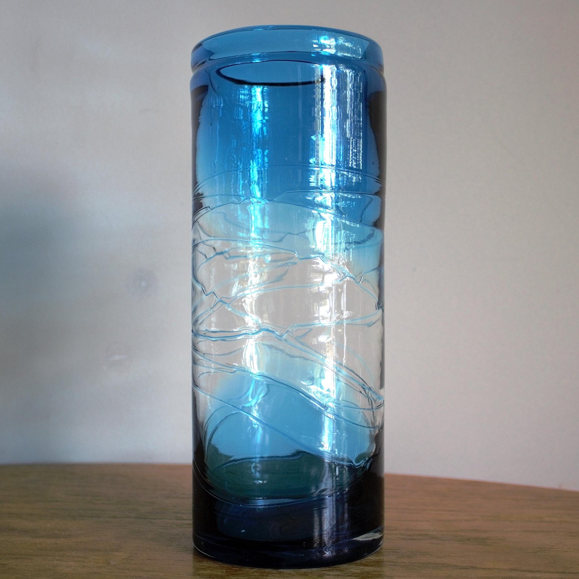 Tall Blue vase, Unique vase, tall flower vase with applied decoration, azure and clear vase