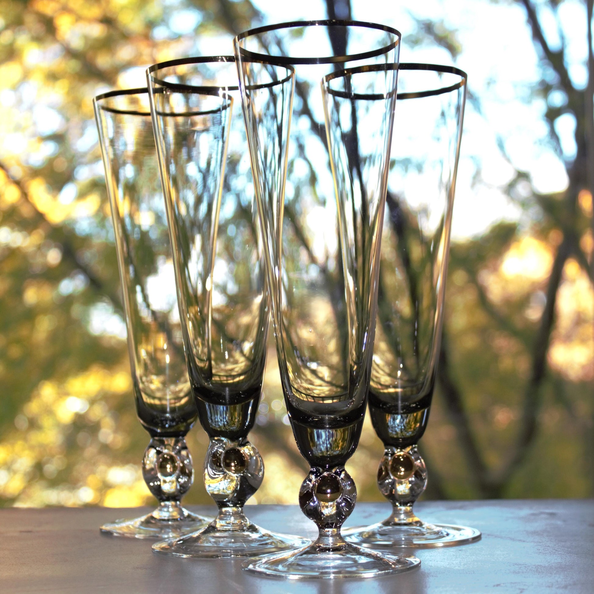 Vintage Jozef Stanik Smokey Black and gold Cocktail Glasses, Gold Ball Stem, Art Deco Barware Set of 4, MCM stemware