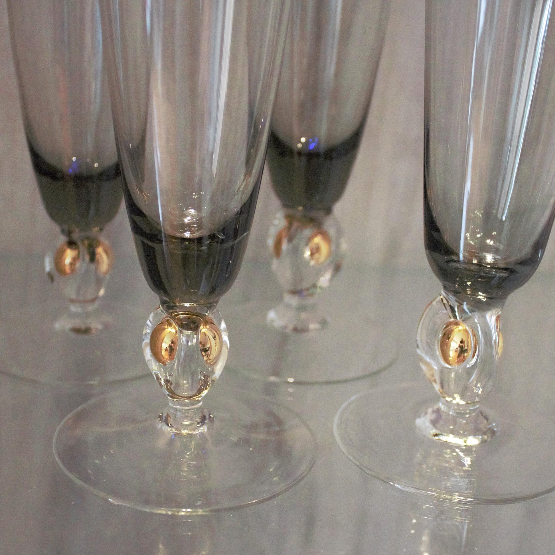 Vintage Jozef Stanik Smokey Black and gold Cocktail Glasses, Gold Ball Stem, Art Deco Barware Set of 4, MCM stemware