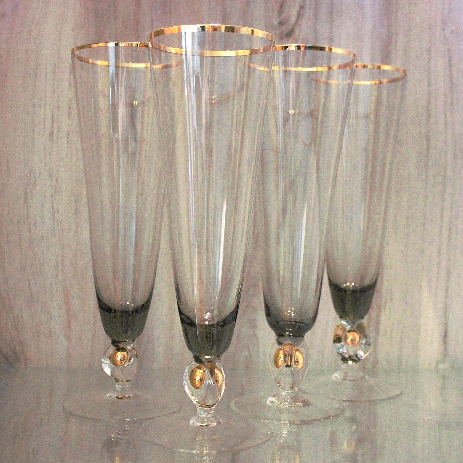 Vintage Jozef Stanik Smokey Black and gold Cocktail Glasses, Gold Ball Stem, Art Deco Barware Set of 4, MCM stemware
