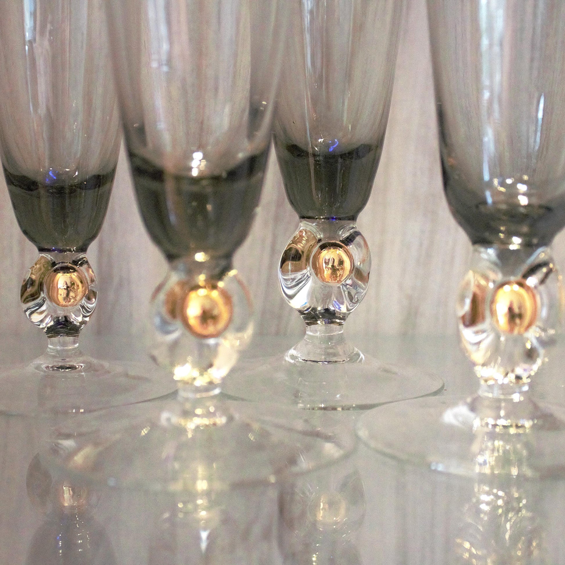 Vintage Jozef Stanik Smokey Black and gold Cocktail Glasses, Gold Ball Stem, Art Deco Barware Set of 4, MCM stemware