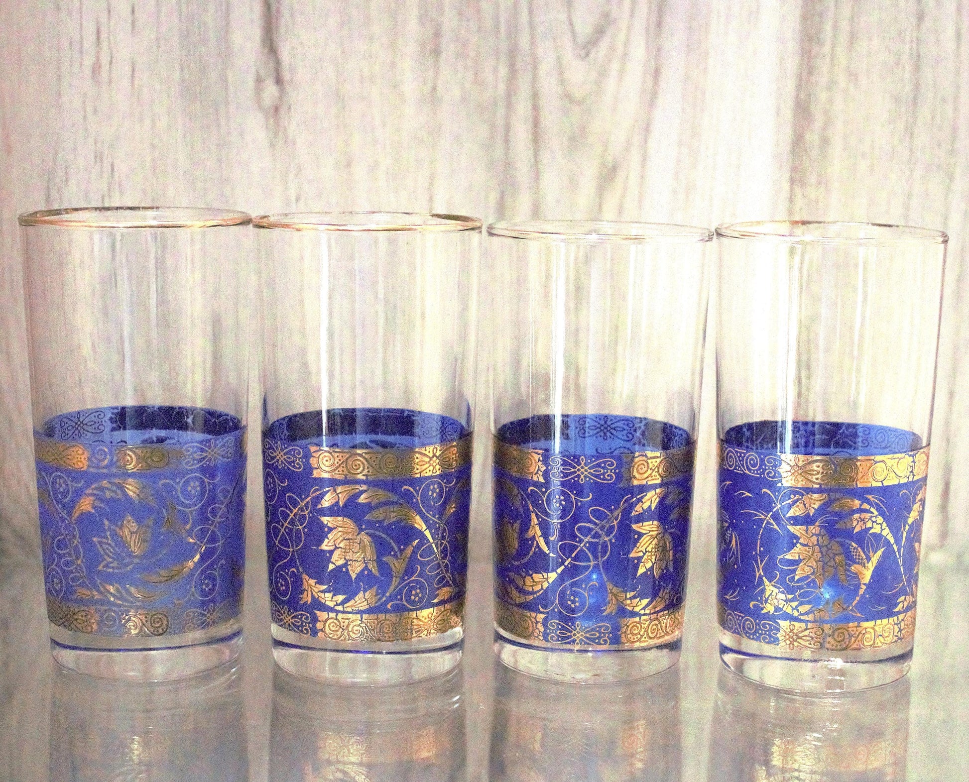 Vintage juice glass set of 4, gold and blue cocktail glasses, blue tumblers, embellished glassware