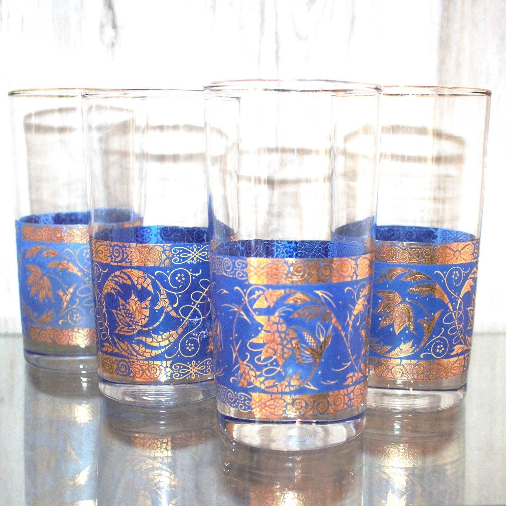 Vintage juice glass set of 4, gold and blue cocktail glasses, blue tumblers, embellished glassware