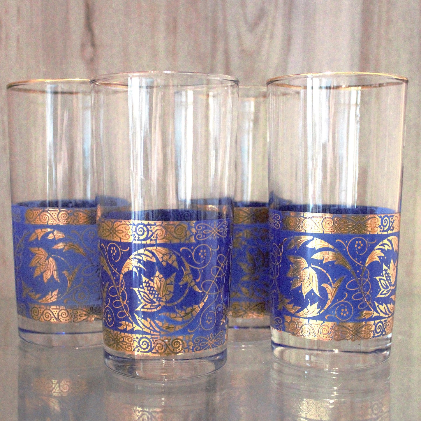 Vintage juice glass set of 4, gold and blue cocktail glasses, blue tumblers, embellished glassware