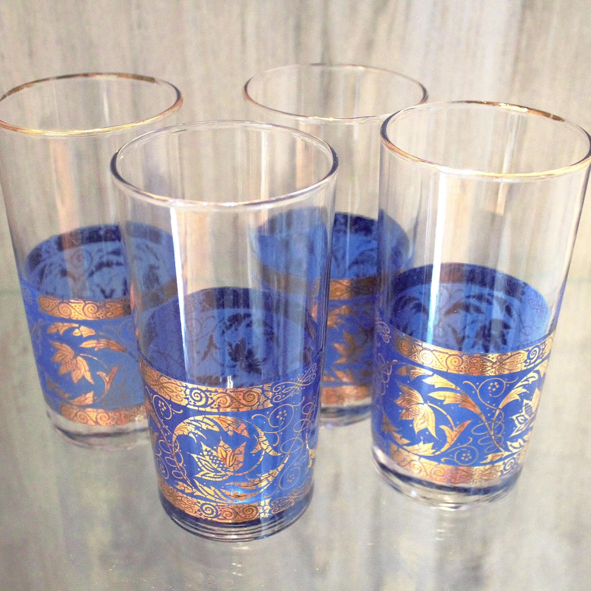 Vintage juice glass set of 4, gold and blue cocktail glasses, blue tumblers, embellished glassware
