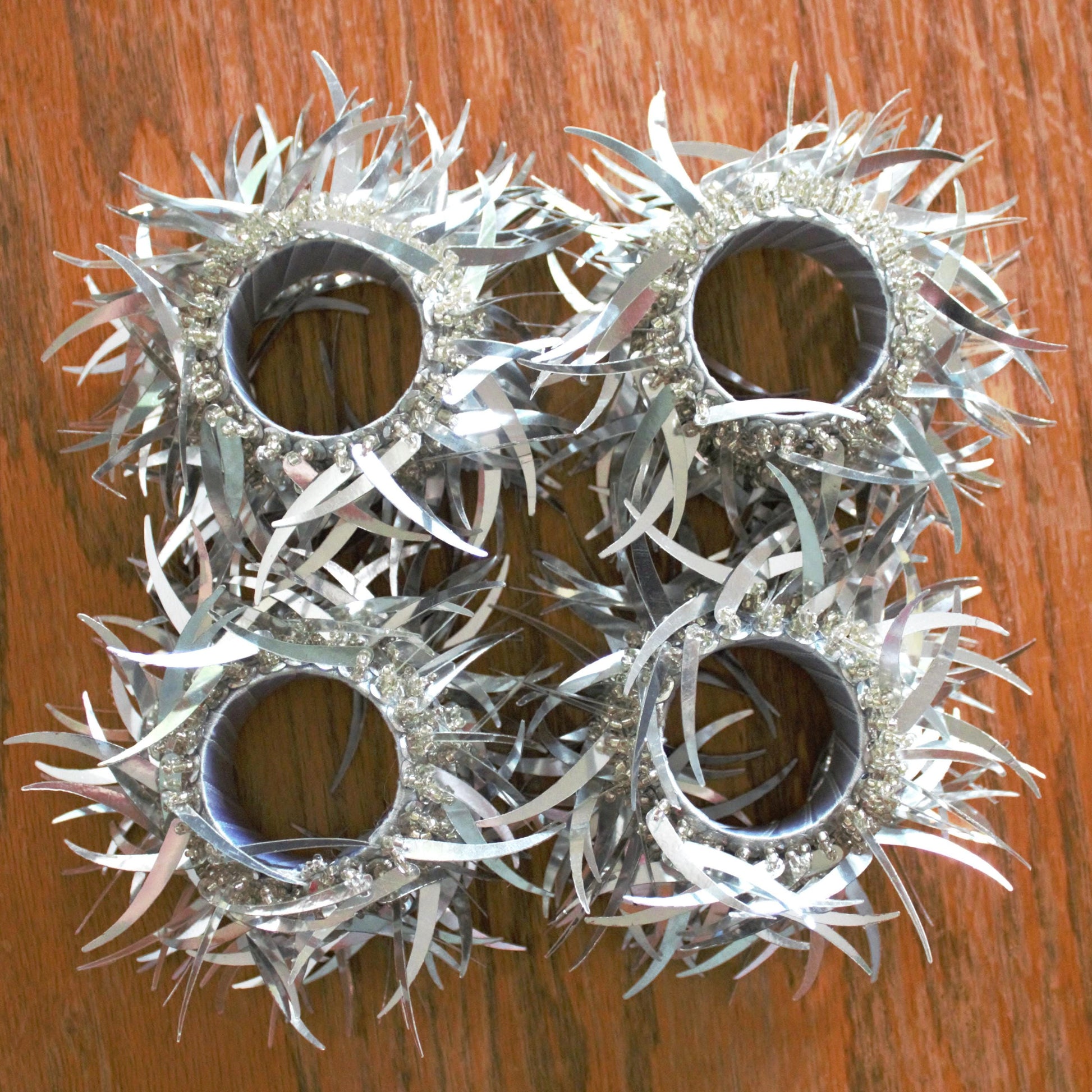 Vintage Silver Beaded Napkin Rings: Glittery Table Decor, Set of 4