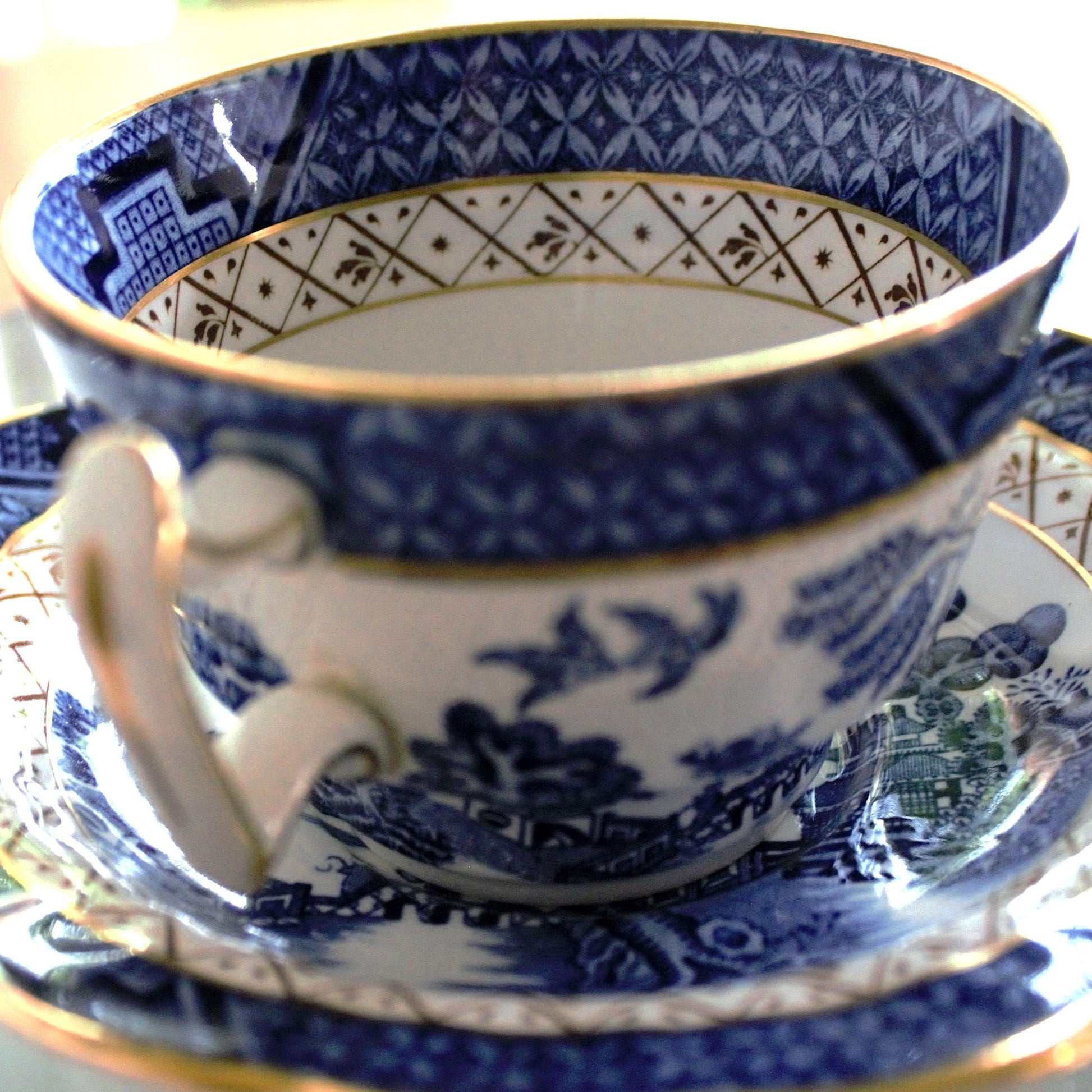 Vintage Real Old Willow Teacup Set: 2pc English Transferware, Turtle Dove Design, blue and gold English cup