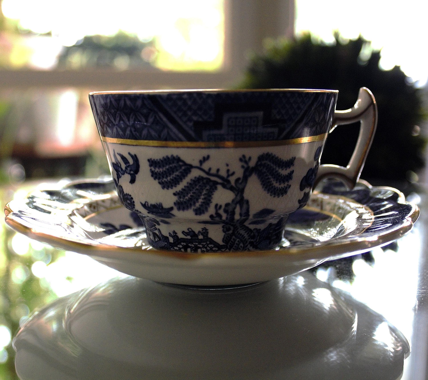 Vintage Real Old Willow Teacup Set: 2pc English Transferware, Turtle Dove Design, blue and gold English cup