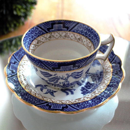Vintage Real Old Willow Teacup Set: 2pc English Transferware, Turtle Dove Design, blue and gold English cup