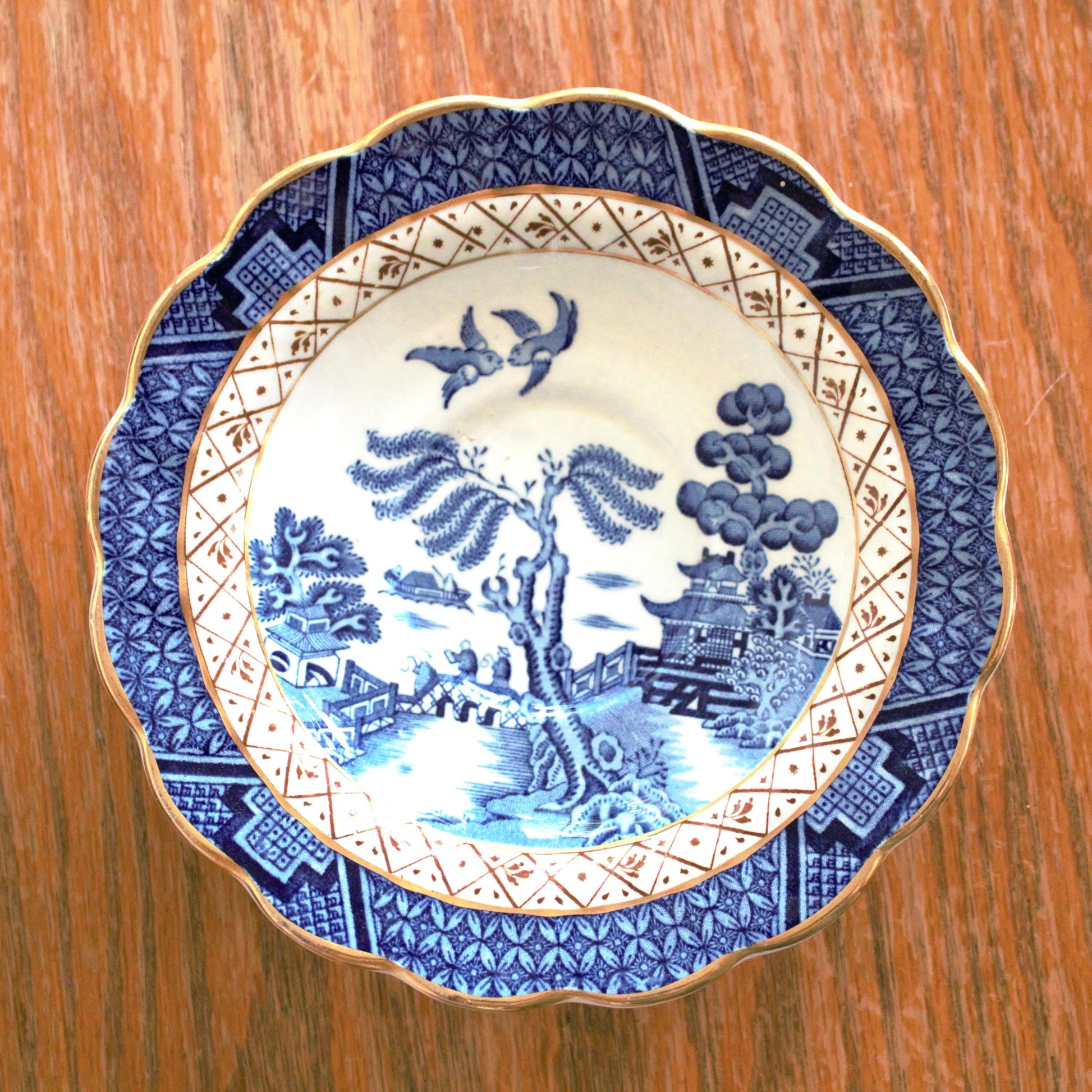 Vintage Real Old Willow Teacup Set: 2pc English Transferware, Turtle Dove Design, blue and gold English cup