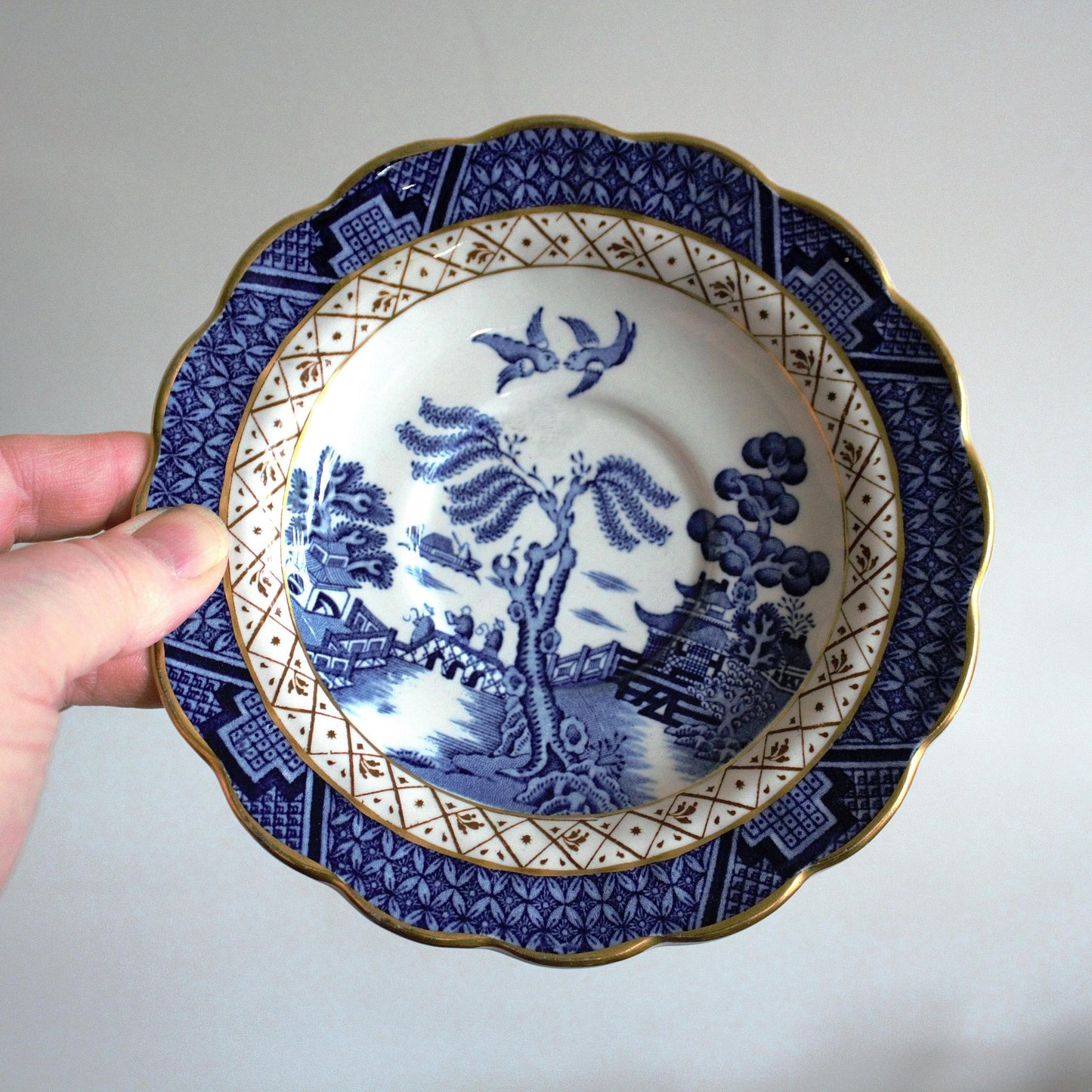 Vintage Real Old Willow Teacup Set: 2pc English Transferware, Turtle Dove Design, blue and gold English cup