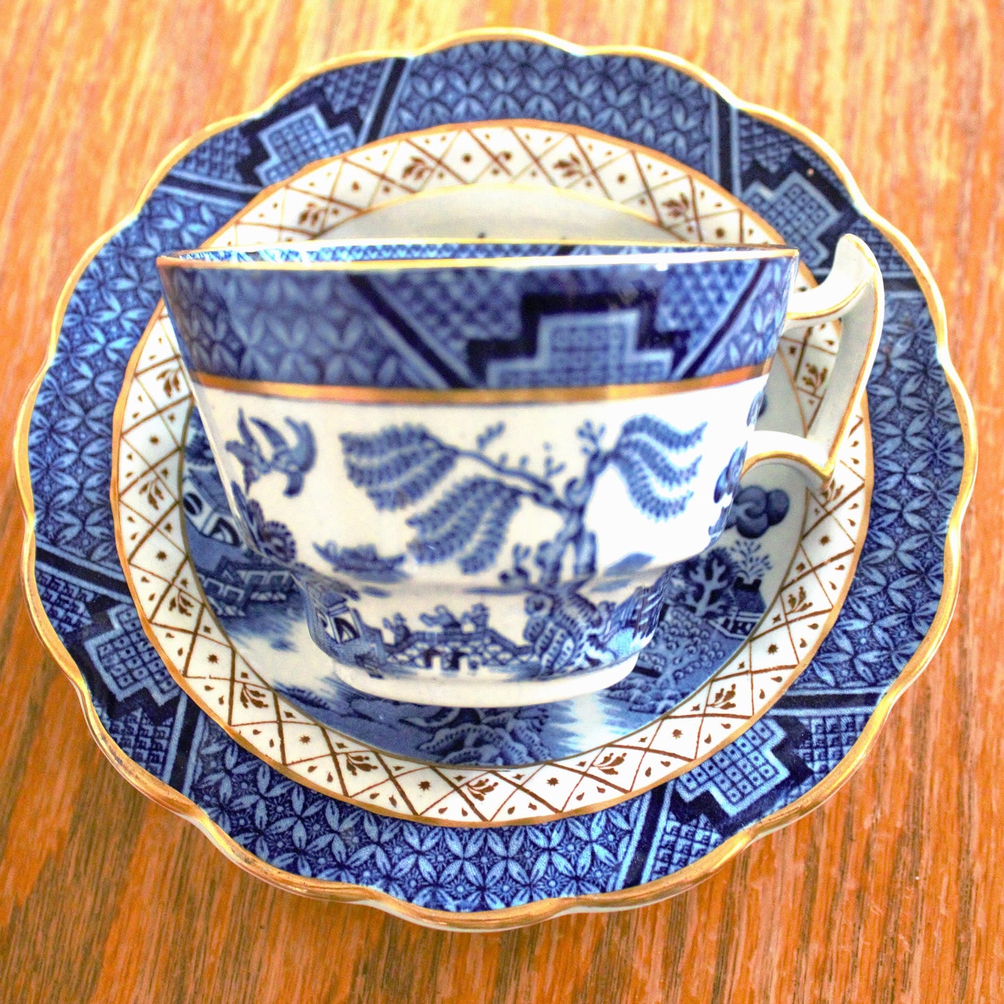 Vintage Real Old Willow Teacup Set: 2pc English Transferware, Turtle Dove Design, blue and gold English cup