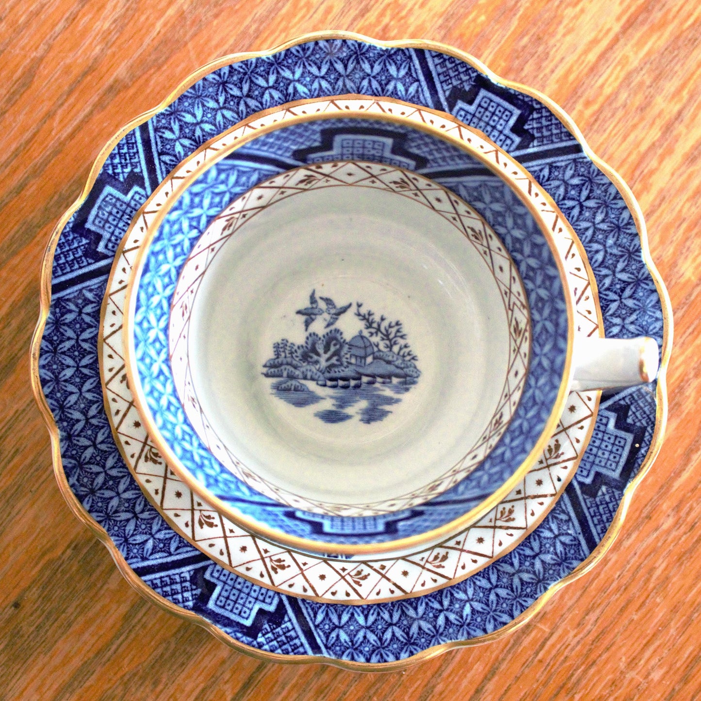 Vintage Real Old Willow Teacup Set: 2pc English Transferware, Turtle Dove Design, blue and gold English cup