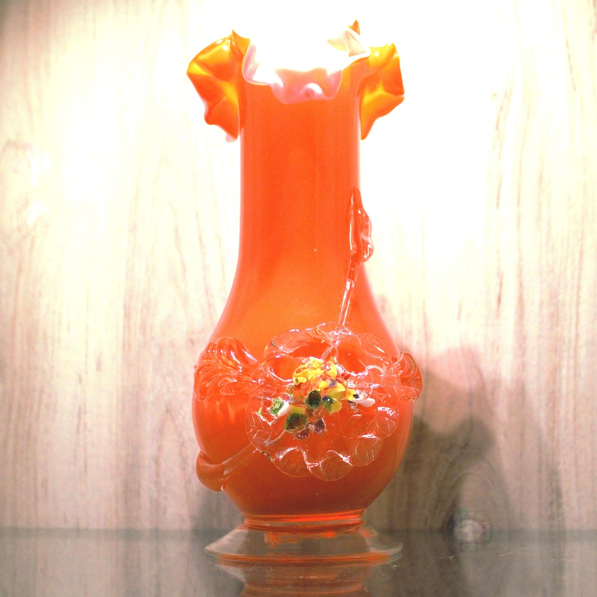 Vintage Murano Orange Cased Glass Vase, Applied Flower Decoration
