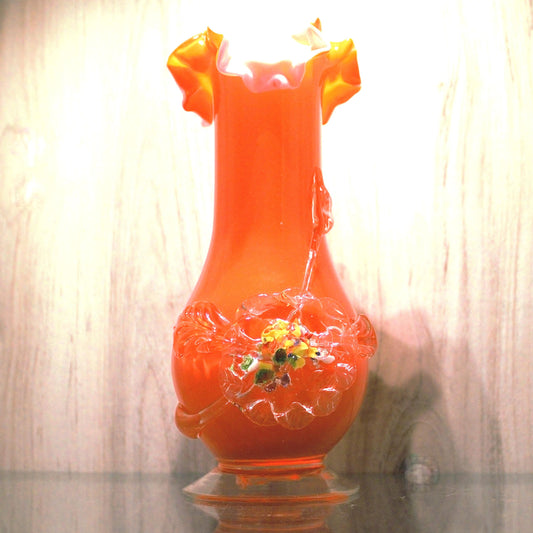 Vintage Murano Orange Cased Glass Vase, Applied Flower Decoration